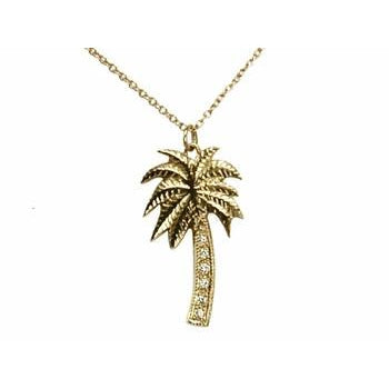 18k Yellow Gold Iced Palm Tree Pendant Necklace - The Jewelry Plug